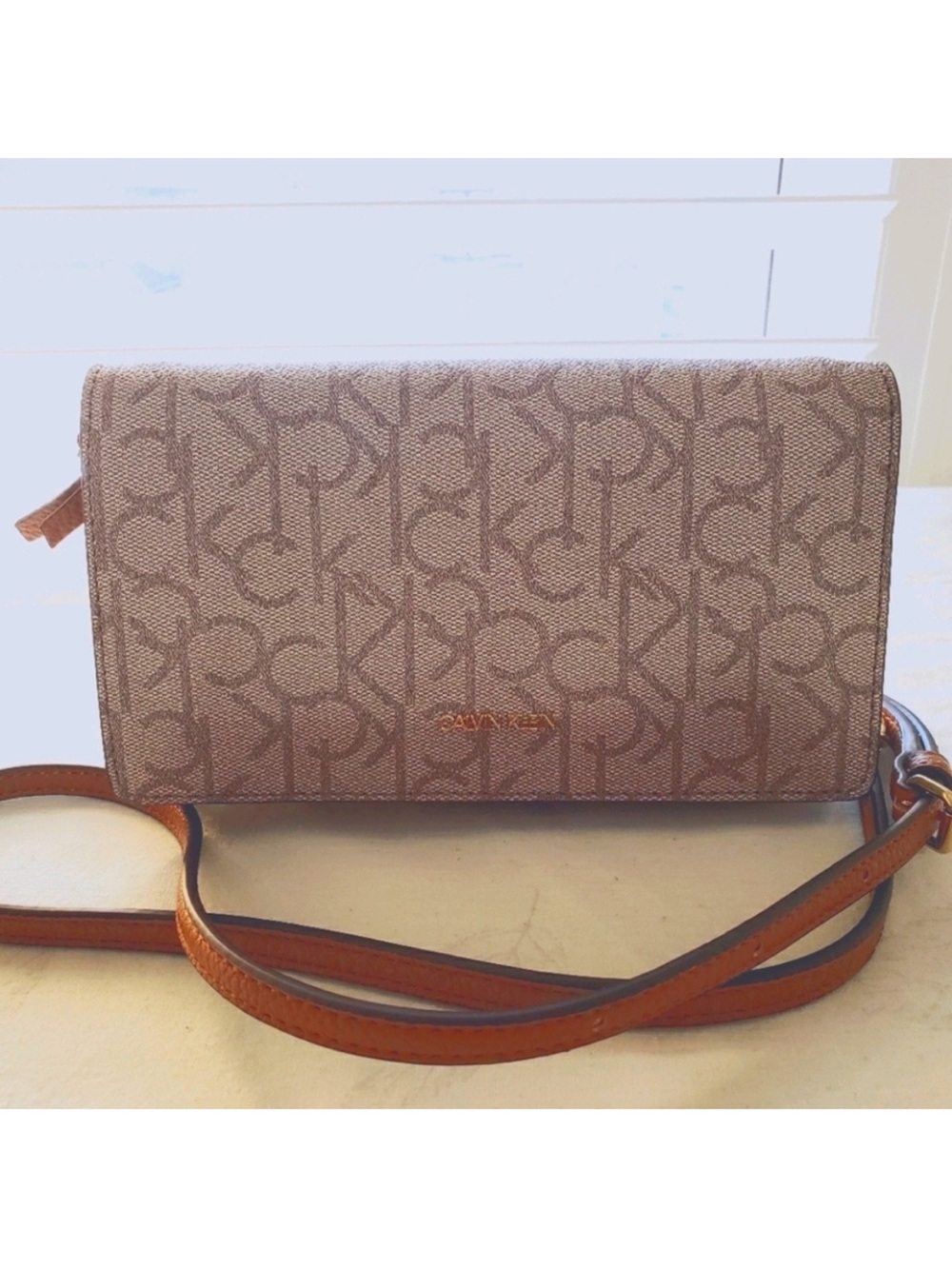 Calvin Klein Taupe Logo-Print Card Mini Bag with Gold Logo